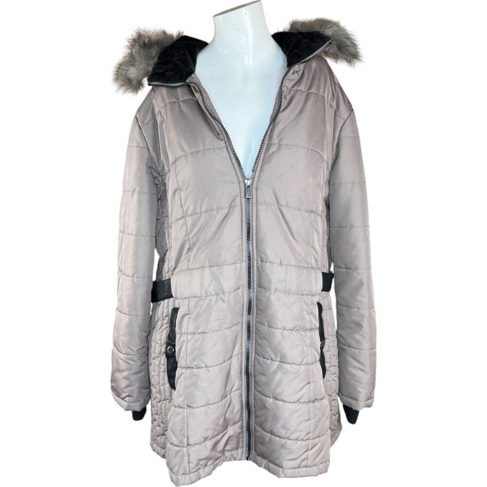 Susan‎ Graver Water-Resistant Puffer Coat with Faux Leather Detail Thistle Large